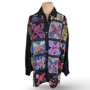 Sandy Starkman Patchwork Art-to-Wear Shacket Medium Quilt Floral Rosette Button‎